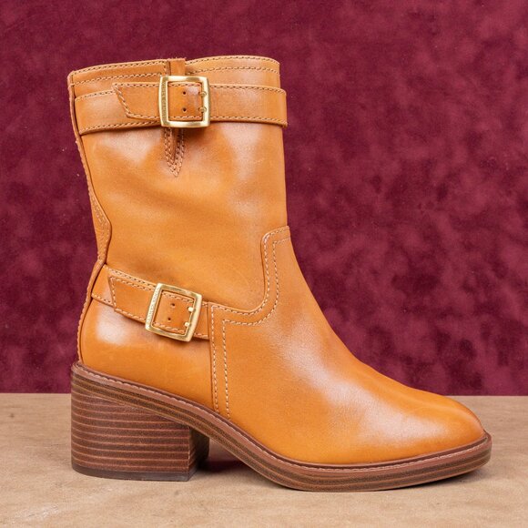 Vince Camuto Women Vergila Caramel Leather Moto Biker Chunky Boots Size 8.5 - Picture 4 of 8